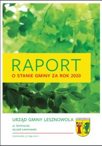 Liście i napis na żółtym tle Raport o stanie gminy za 2021 r.