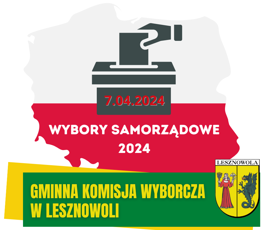 Biało-czerwony zarys mapy Polski, na zielonym pasku napis GMINNA KOMISJA WYBORCZA W LESZNOWOLI