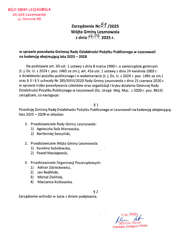 Dokument z treścią zarządzenia i pieczątkami Gminy Lesznowola oraz Pierwszego Zastępcy Wójta